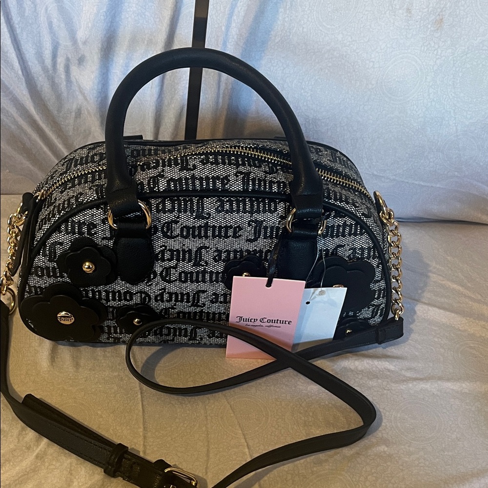 Juicy Couture Black and Gold Logo Satchel with Floral Accents New With Tags